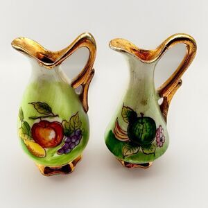 Vintage Ucagco Japan Mini Pitcher Creamer Set Hand Painted Fruit Gold Trim